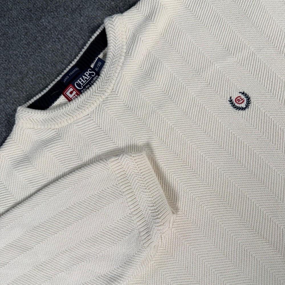 Chaps Ralph Lauren Mens XL Cream Herringbone Textured Crewneck Sweater #4306